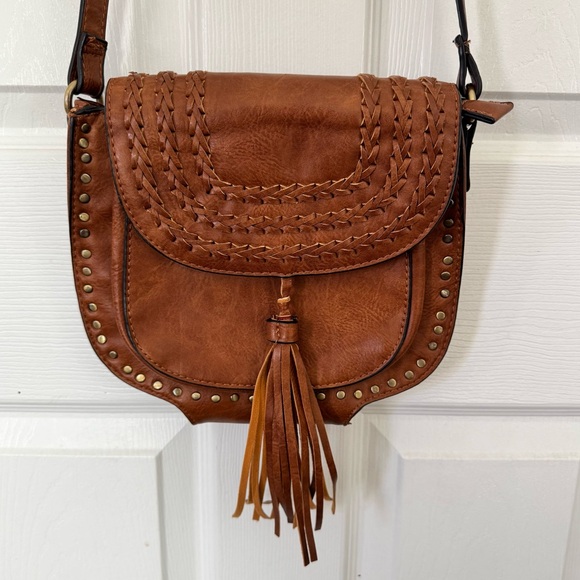 Antik Kraft Brown Boho Tassel Crossbody Bag with Stud Trim - Picture 1 of 11